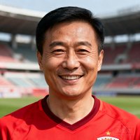 一位40岁左右的中国男性球迷用户头像，面带微笑，穿着红色足球运动衫，背景虚化为球场看台